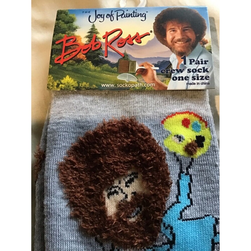 NWT Bob Ross Happy Little Accidents Crew Socks Novelty Art The Joy of Painting - Picture 2 of 4